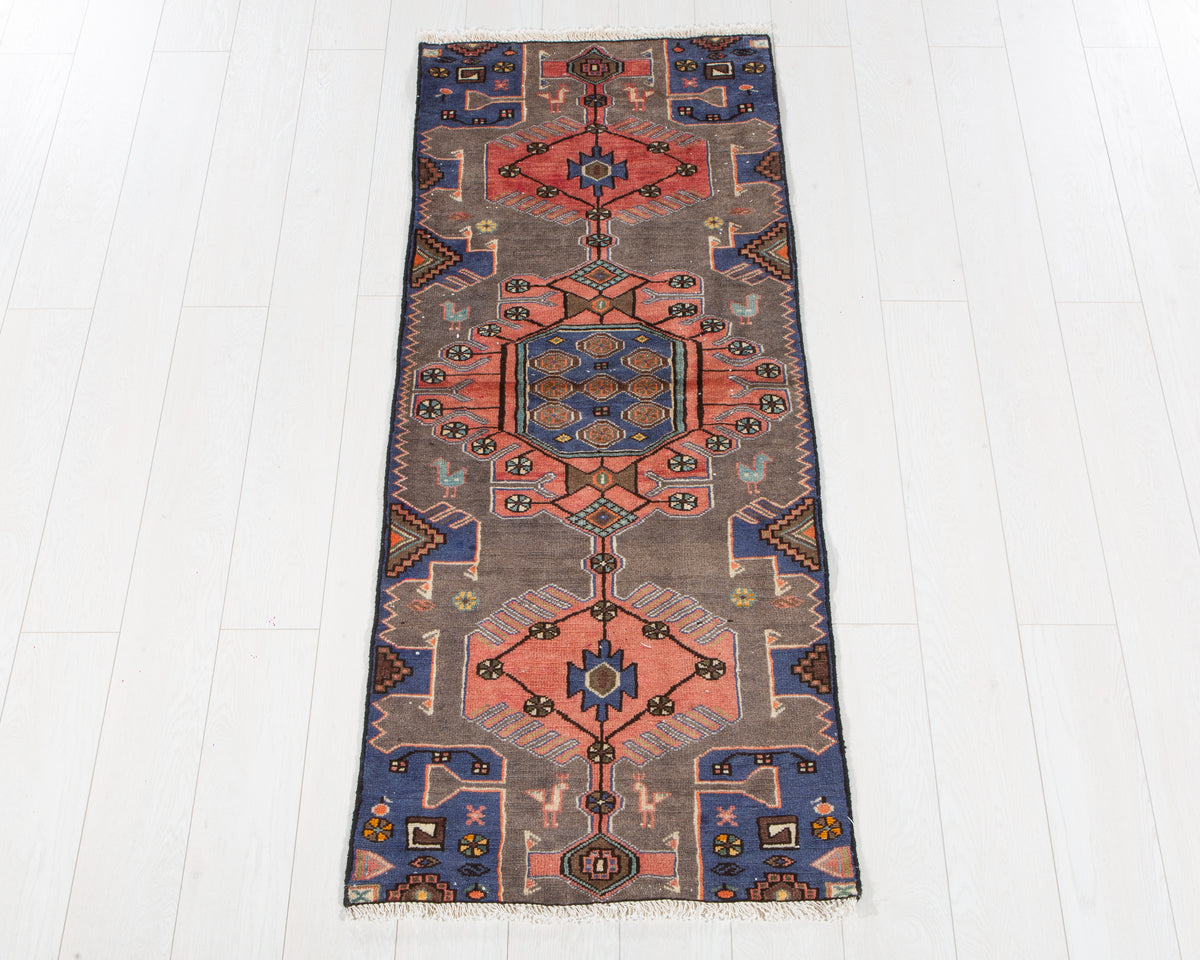 Vintage Grey & Coral Geometric Runner Rug – 5' 5" x 2' 2" (164 x 66 cm)