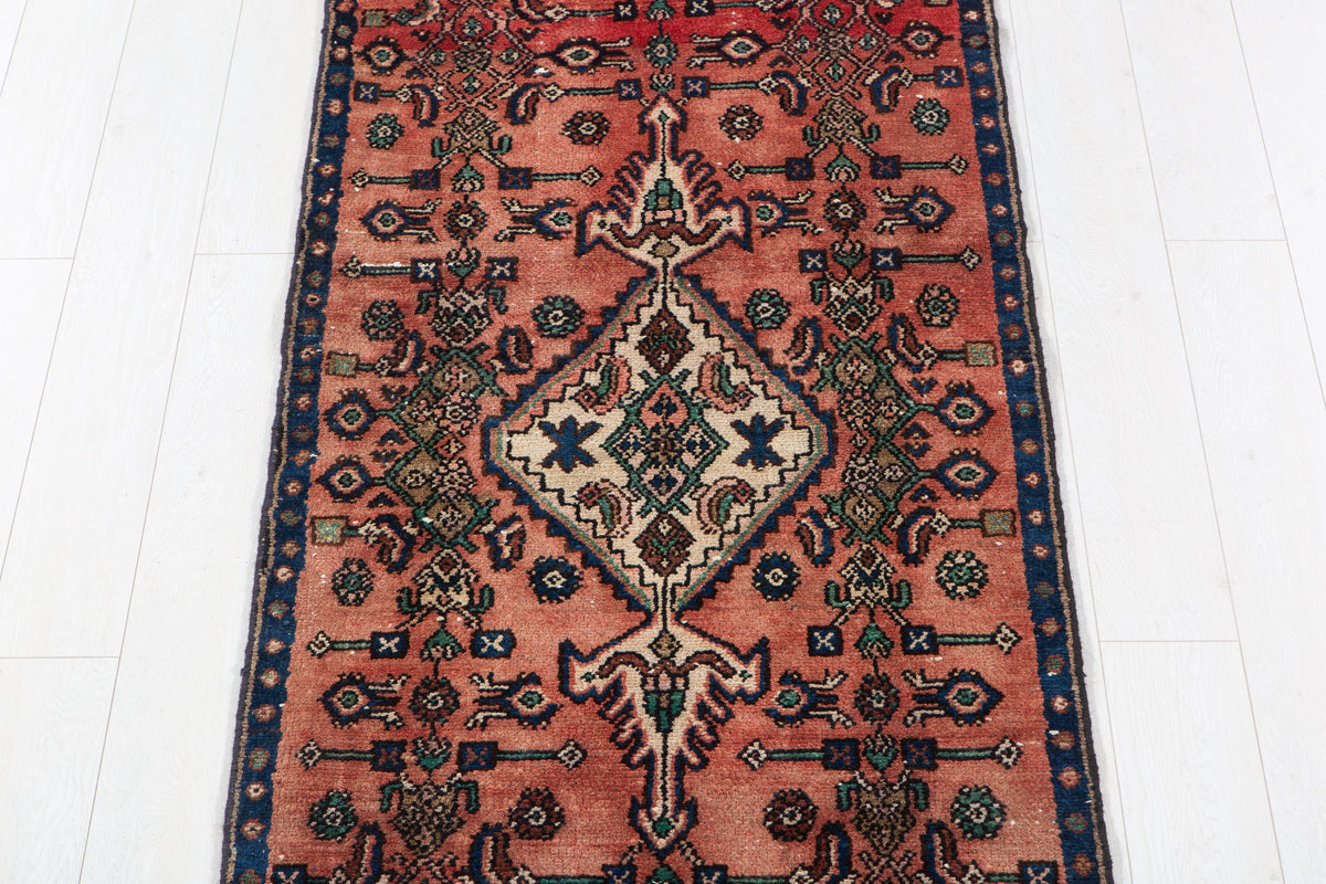 Antique Faded Rust Red & Brown Geometric Runner Rug – 9' 3" x 2' 10" (282 x 87 cm)