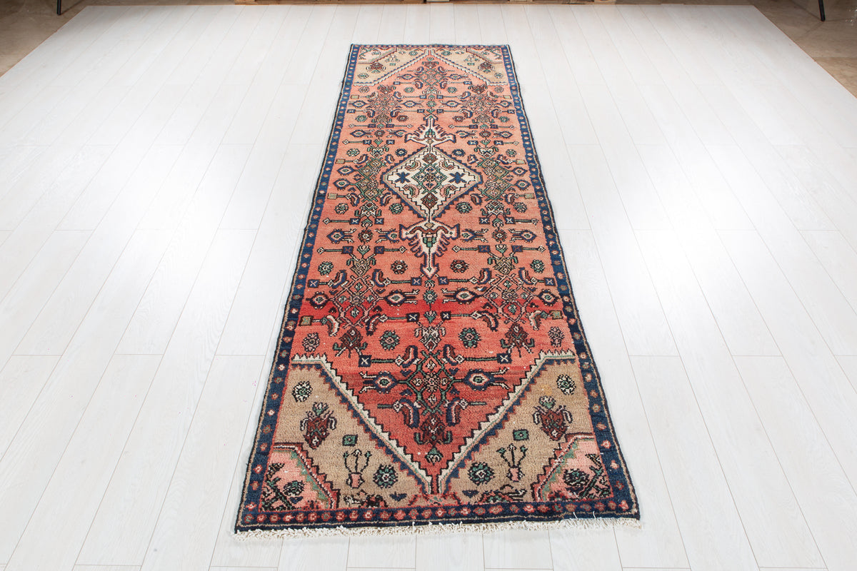 Antique Faded Rust Red & Brown Geometric Runner Rug – 9' 3" x 2' 10" (282 x 87 cm)