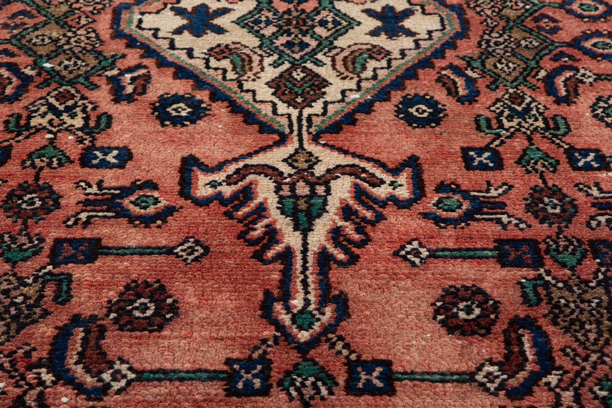 Antique Faded Rust Red & Brown Geometric Runner Rug – 9' 3" x 2' 10" (282 x 87 cm)