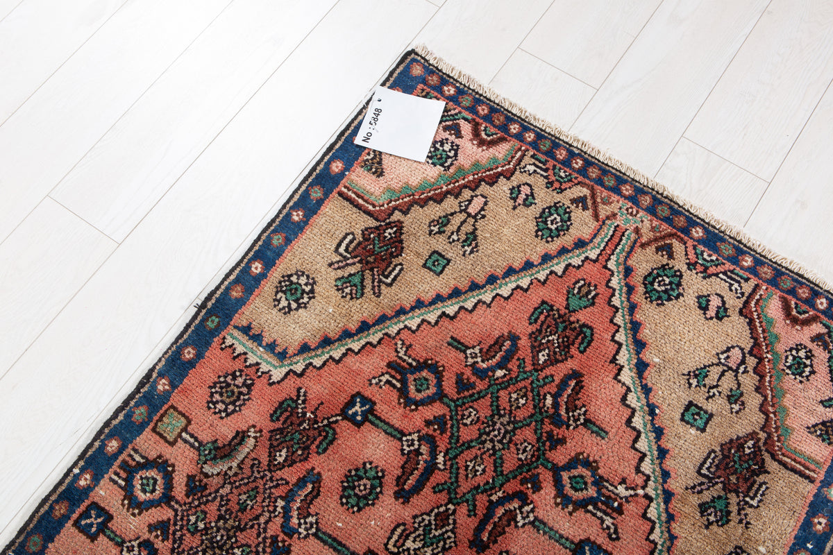 Antique Faded Rust Red & Brown Geometric Runner Rug – 9' 3" x 2' 10" (282 x 87 cm)