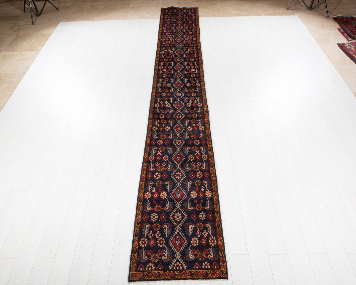 Collectible Antique Navy Blue Geometric Runner Rug – 16' 1" x 2' 2" (490 x 66 cm)