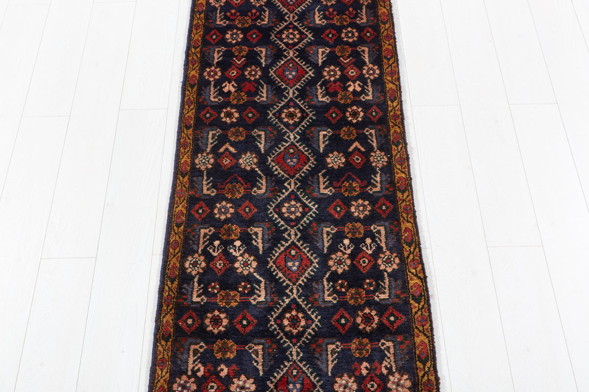 Collectible Antique Navy Blue Geometric Runner Rug – 16' 1" x 2' 2" (490 x 66 cm)