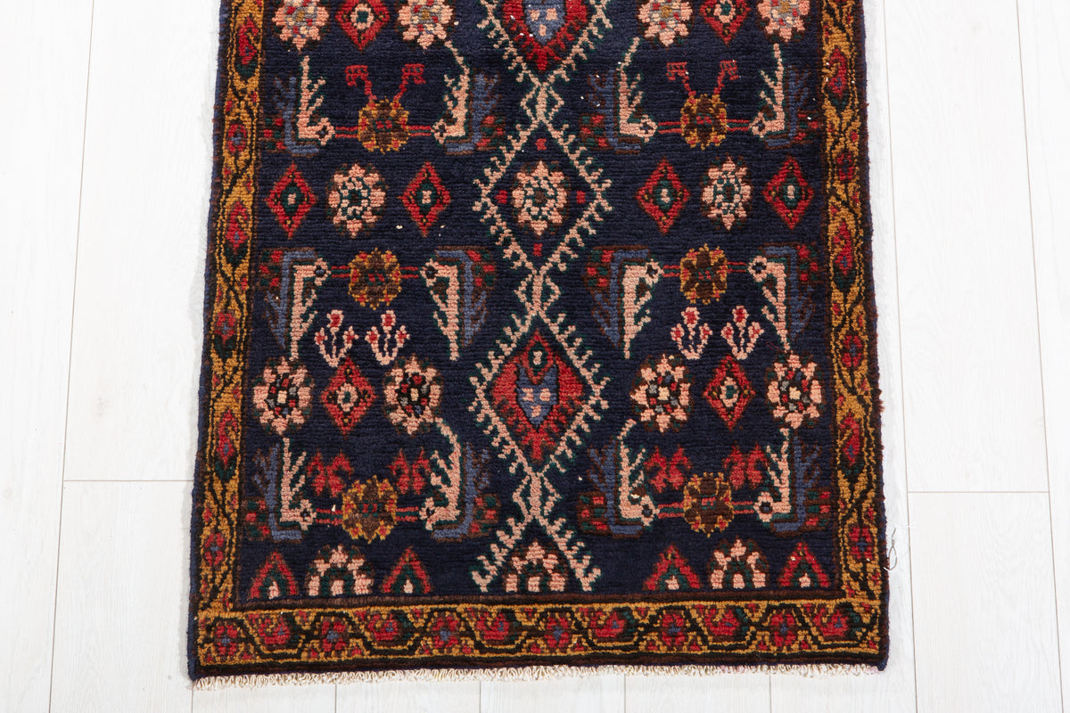 Collectible Antique Navy Blue Geometric Runner Rug – 16' 1" x 2' 2" (490 x 66 cm)