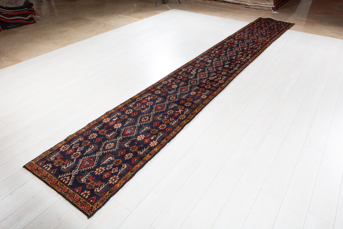 Collectible Antique Navy Blue Geometric Runner Rug – 16' 1" x 2' 2" (490 x 66 cm)