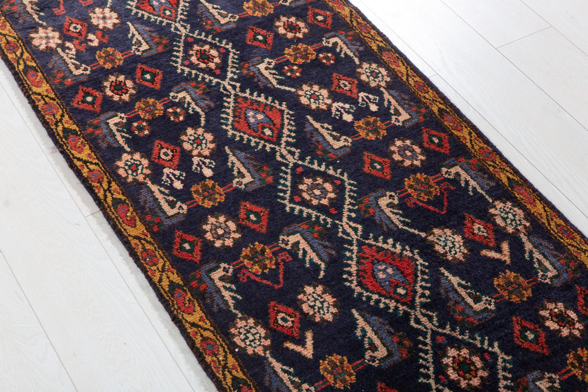 Collectible Antique Navy Blue Geometric Runner Rug – 16' 1" x 2' 2" (490 x 66 cm)