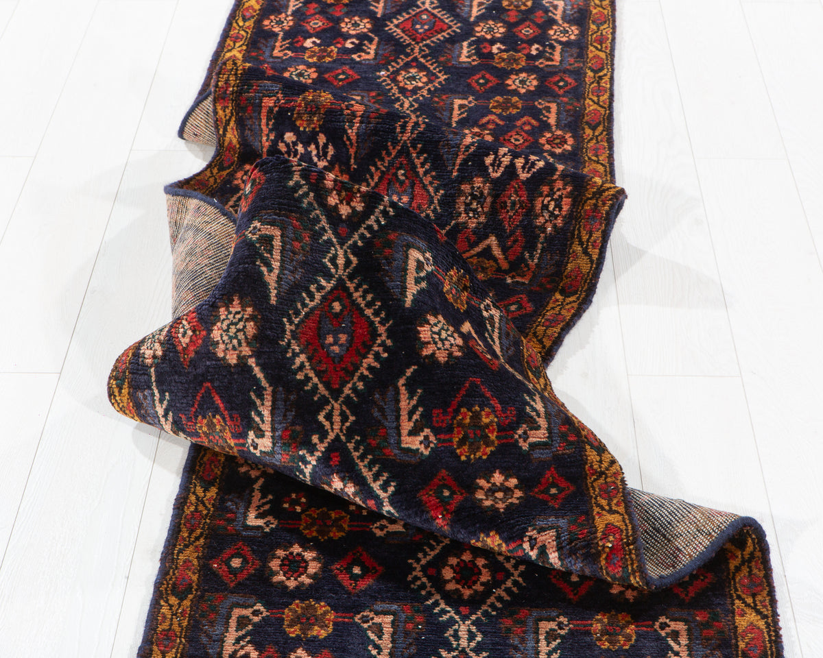 Collectible Antique Navy Blue Geometric Runner Rug – 16' 1" x 2' 2" (490 x 66 cm)