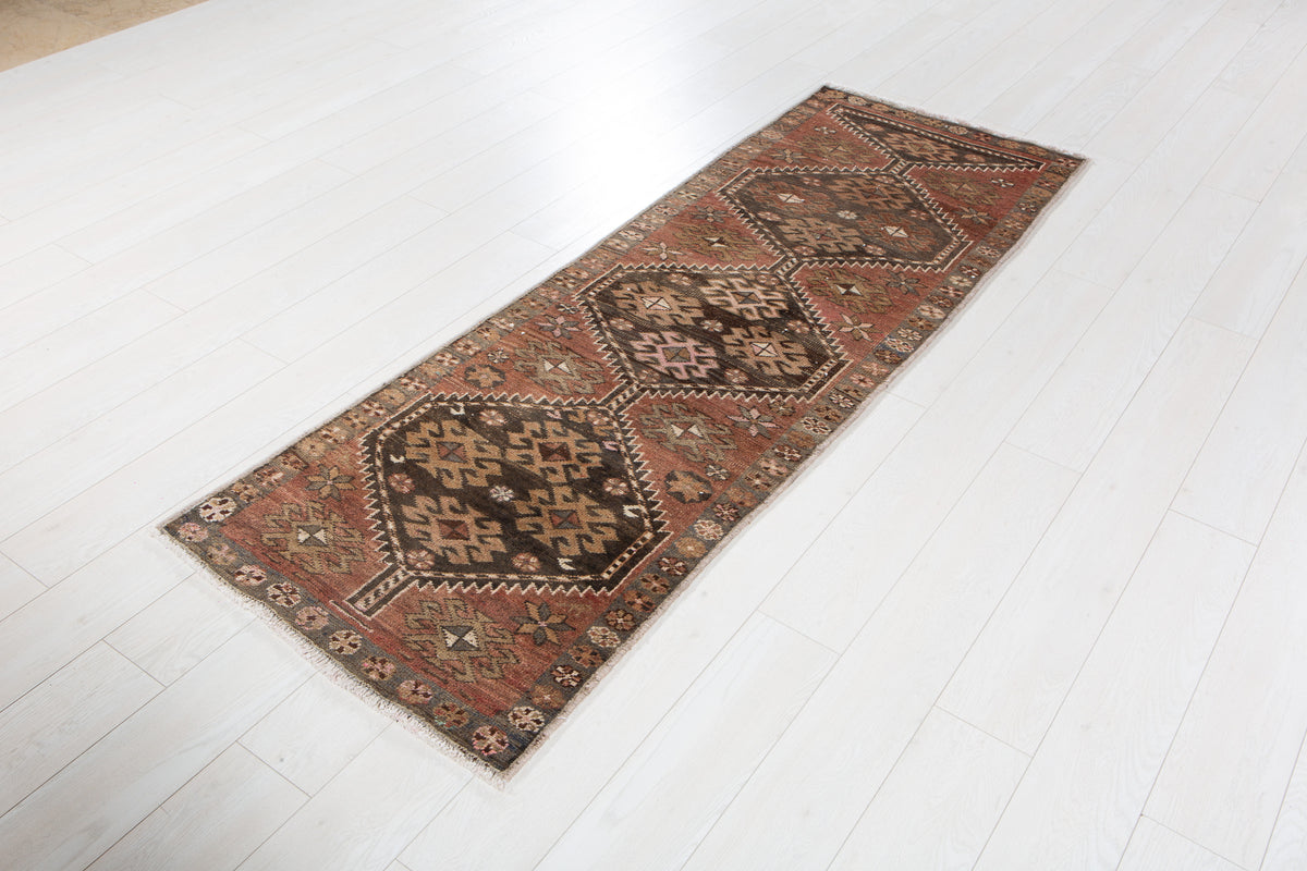 Antique Rust Red Geometric Runner Rug – 7' 1" x 2' 5" (217 x 73 cm)