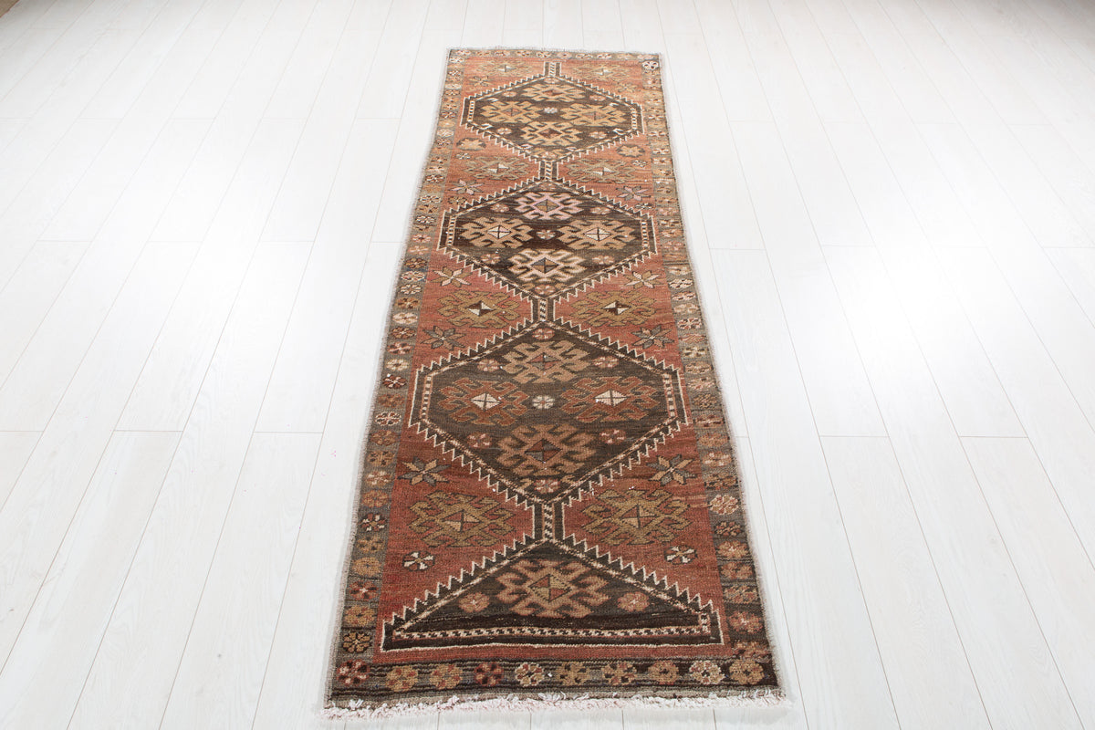 Antique Rust Red Geometric Runner Rug – 7' 1" x 2' 5" (217 x 73 cm)