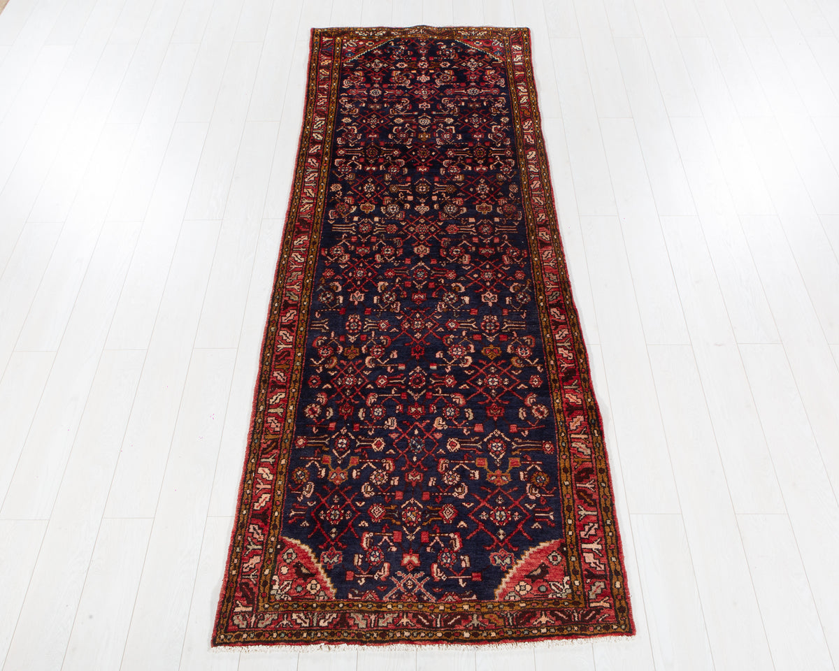 Vintage Deep Navy Blue & Red Geometric Runner Rug – 9' 5" x 3' 3" (287 x 100 cm)