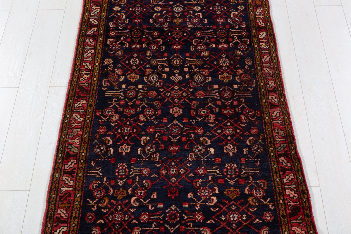 Vintage Deep Navy Blue & Red Geometric Runner Rug – 9' 5" x 3' 3" (287 x 100 cm)