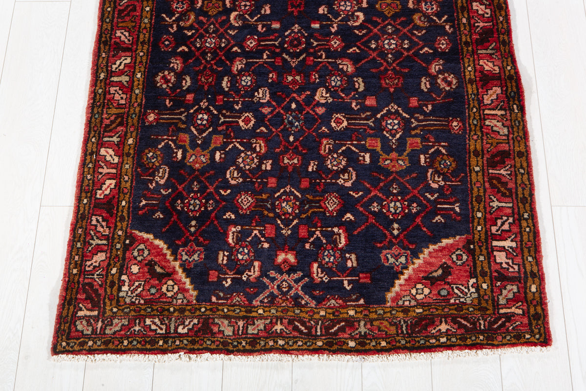 Vintage Deep Navy Blue & Red Geometric Runner Rug – 9' 5" x 3' 3" (287 x 100 cm)