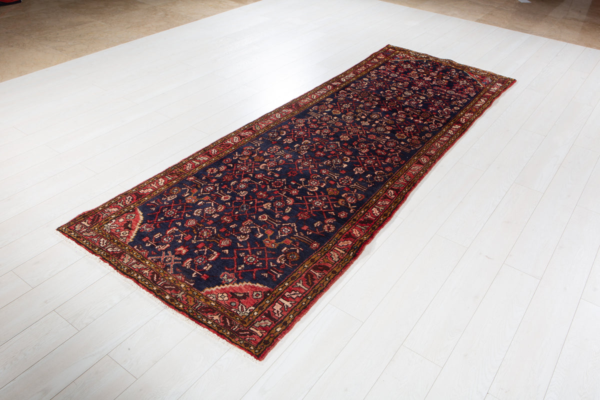 Vintage Deep Navy Blue & Red Geometric Runner Rug – 9' 5" x 3' 3" (287 x 100 cm)