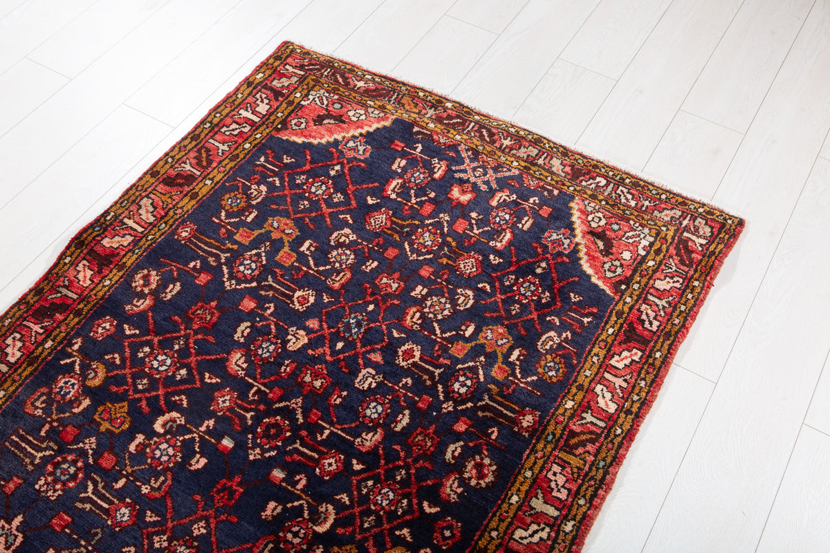 Vintage Deep Navy Blue & Red Geometric Runner Rug – 9' 5" x 3' 3" (287 x 100 cm)