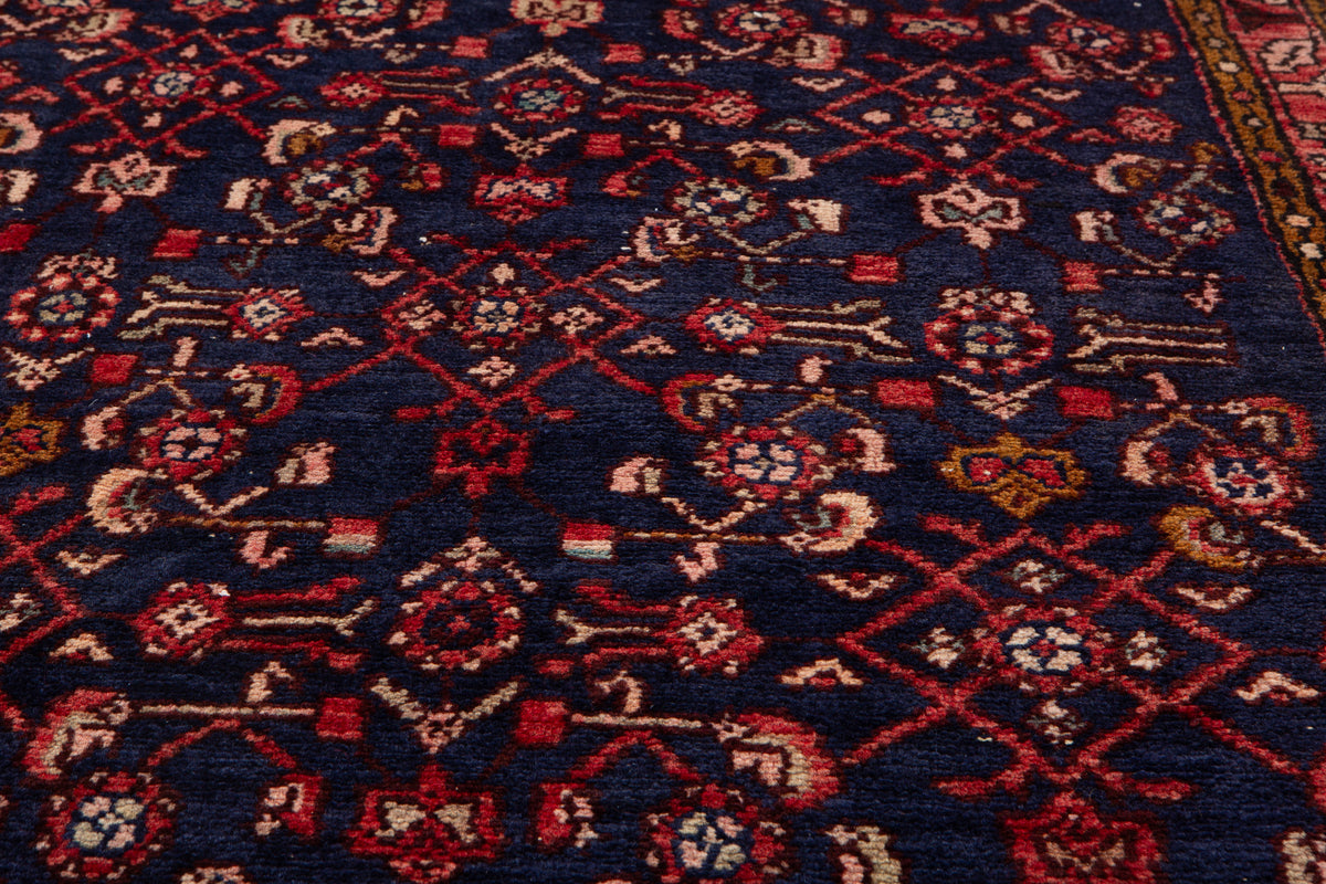 Vintage Deep Navy Blue & Red Geometric Runner Rug – 9' 5" x 3' 3" (287 x 100 cm)