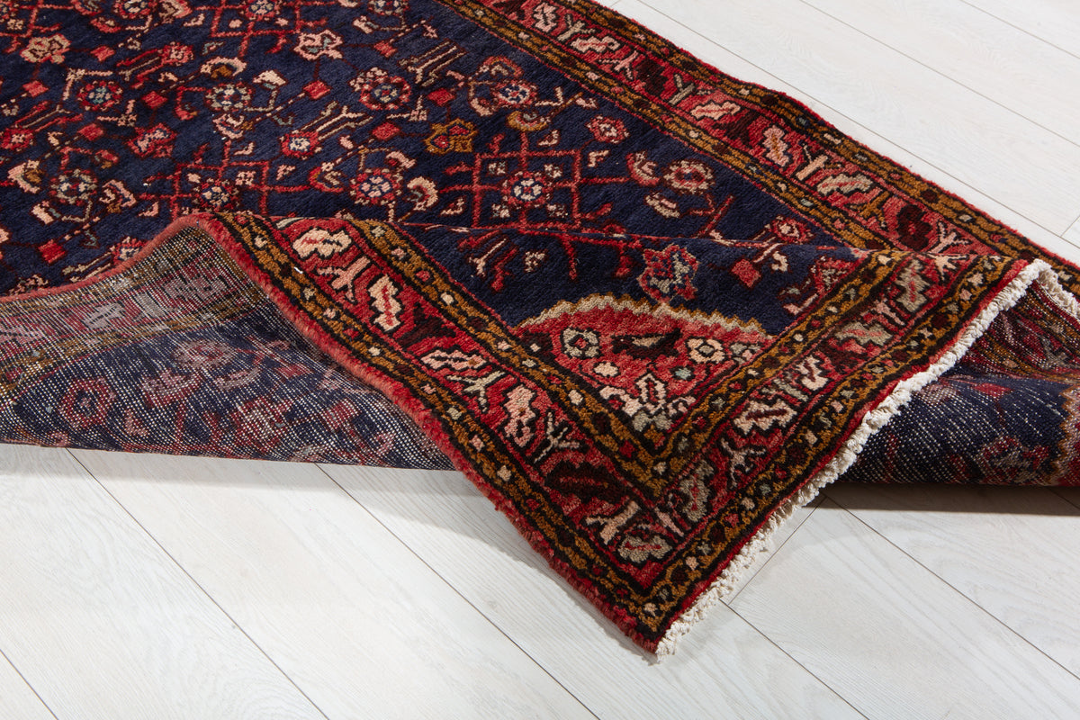 Vintage Deep Navy Blue & Red Geometric Runner Rug – 9' 5" x 3' 3" (287 x 100 cm)