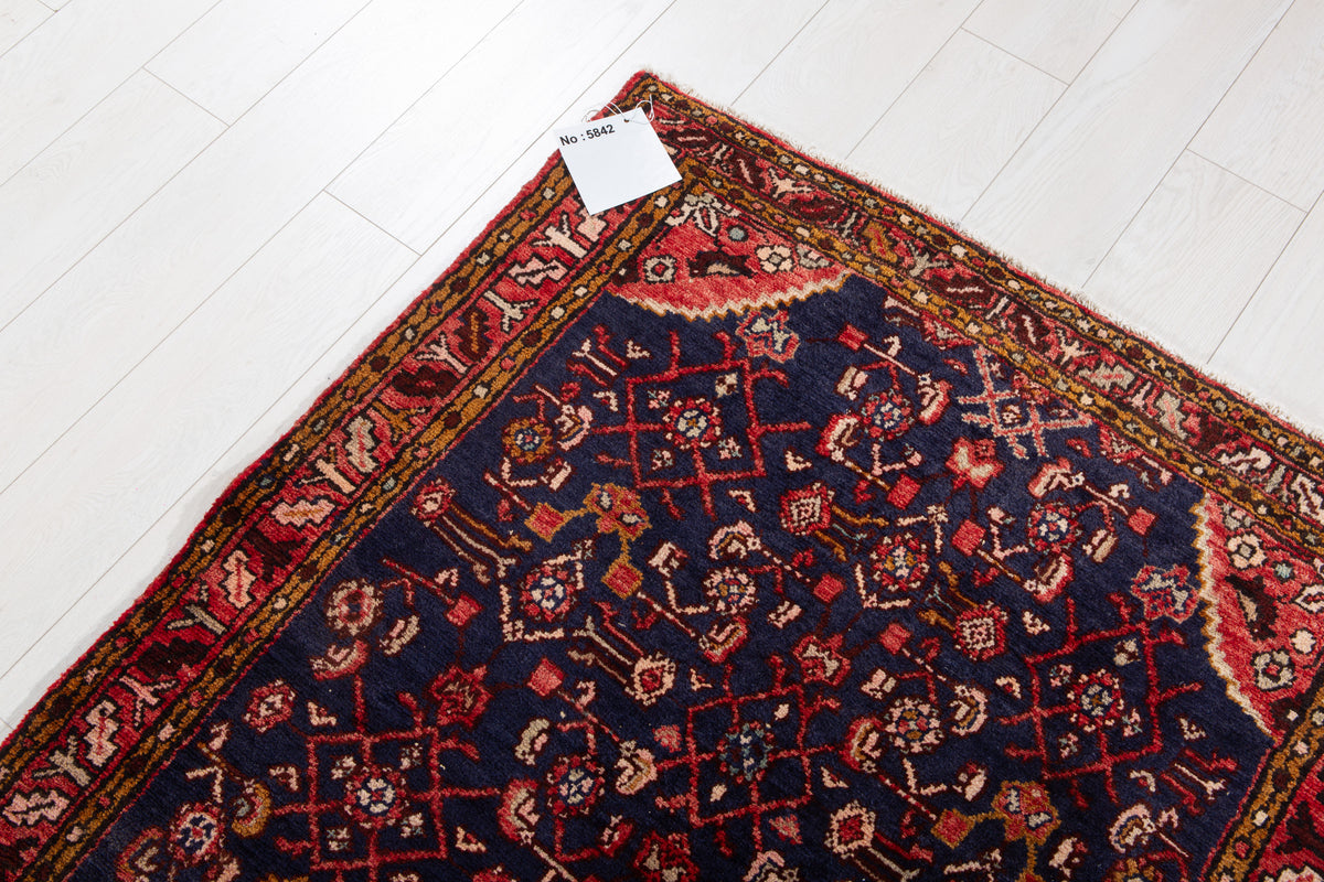 Vintage Deep Navy Blue & Red Geometric Runner Rug – 9' 5" x 3' 3" (287 x 100 cm)