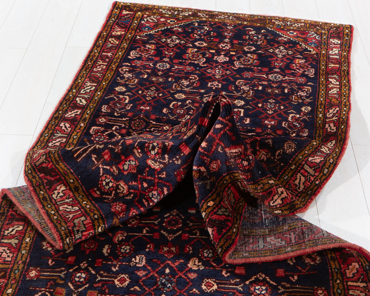 Vintage Deep Navy Blue & Red Geometric Runner Rug – 9' 5" x 3' 3" (287 x 100 cm)