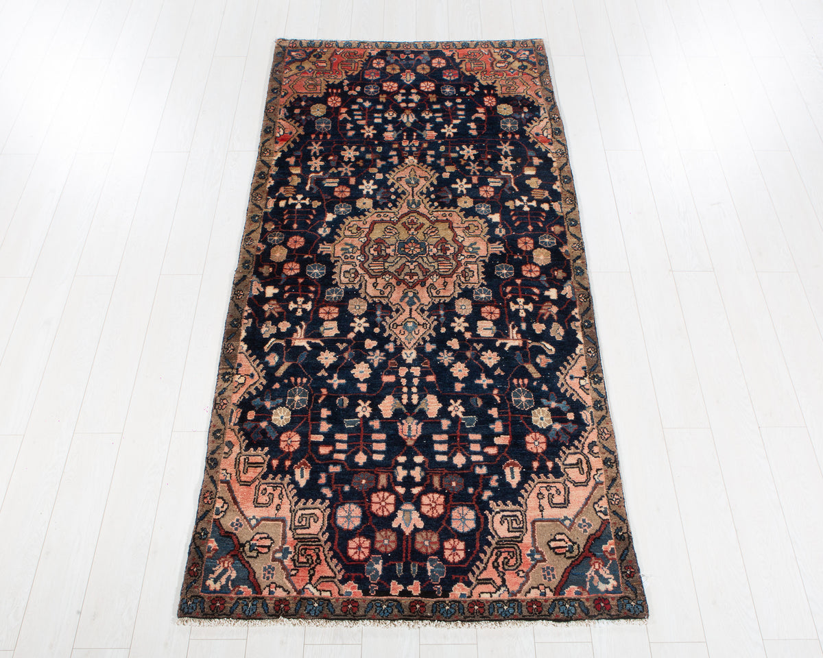 Antique Deep Navy Blue & Pink Geometric Area Rug – 8' 0" x 3' 11" (245 x 120 cm)