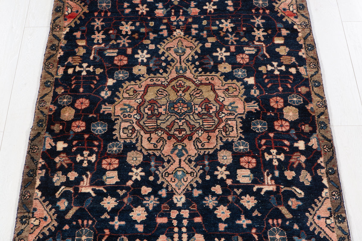 Antique Deep Navy Blue & Pink Geometric Area Rug – 8' 0" x 3' 11" (245 x 120 cm)