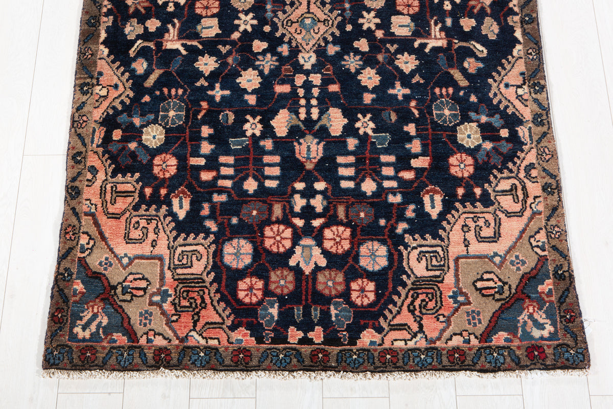 Antique Deep Navy Blue & Pink Geometric Area Rug – 8' 0" x 3' 11" (245 x 120 cm)