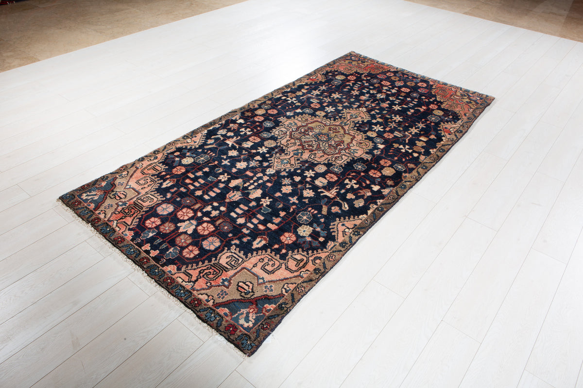 Antique Deep Navy Blue & Pink Geometric Area Rug – 8' 0" x 3' 11" (245 x 120 cm)