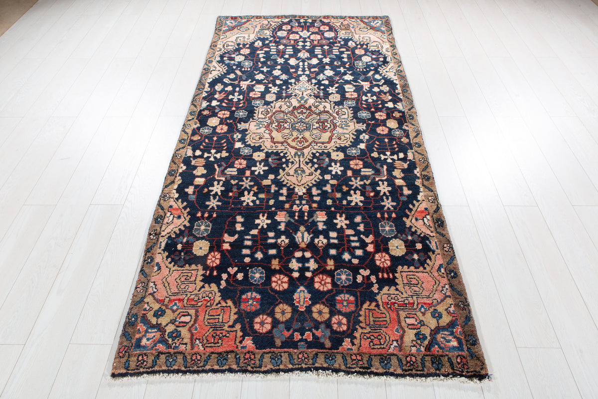 Antique Deep Navy Blue & Pink Geometric Area Rug – 8' 0" x 3' 11" (245 x 120 cm)
