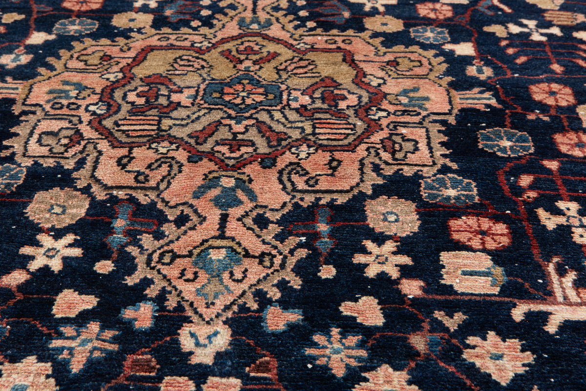 Antique Deep Navy Blue & Pink Geometric Area Rug – 8' 0" x 3' 11" (245 x 120 cm)