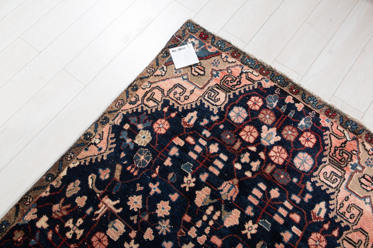 Antique Deep Navy Blue & Pink Geometric Area Rug – 8' 0" x 3' 11" (245 x 120 cm)