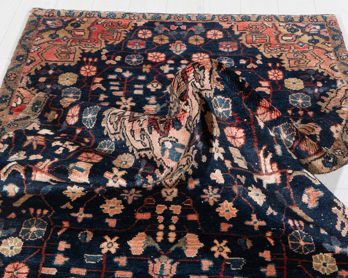 Antique Deep Navy Blue & Pink Geometric Area Rug – 8' 0" x 3' 11" (245 x 120 cm)