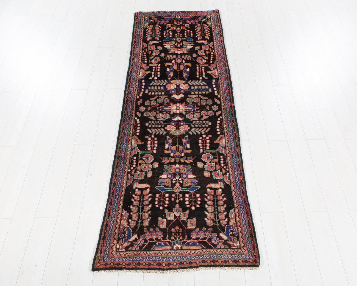 Antique Black & Pink & Blue Geometric Runner Rug – 9' 1" x 3' 0" (278 x 92 cm)