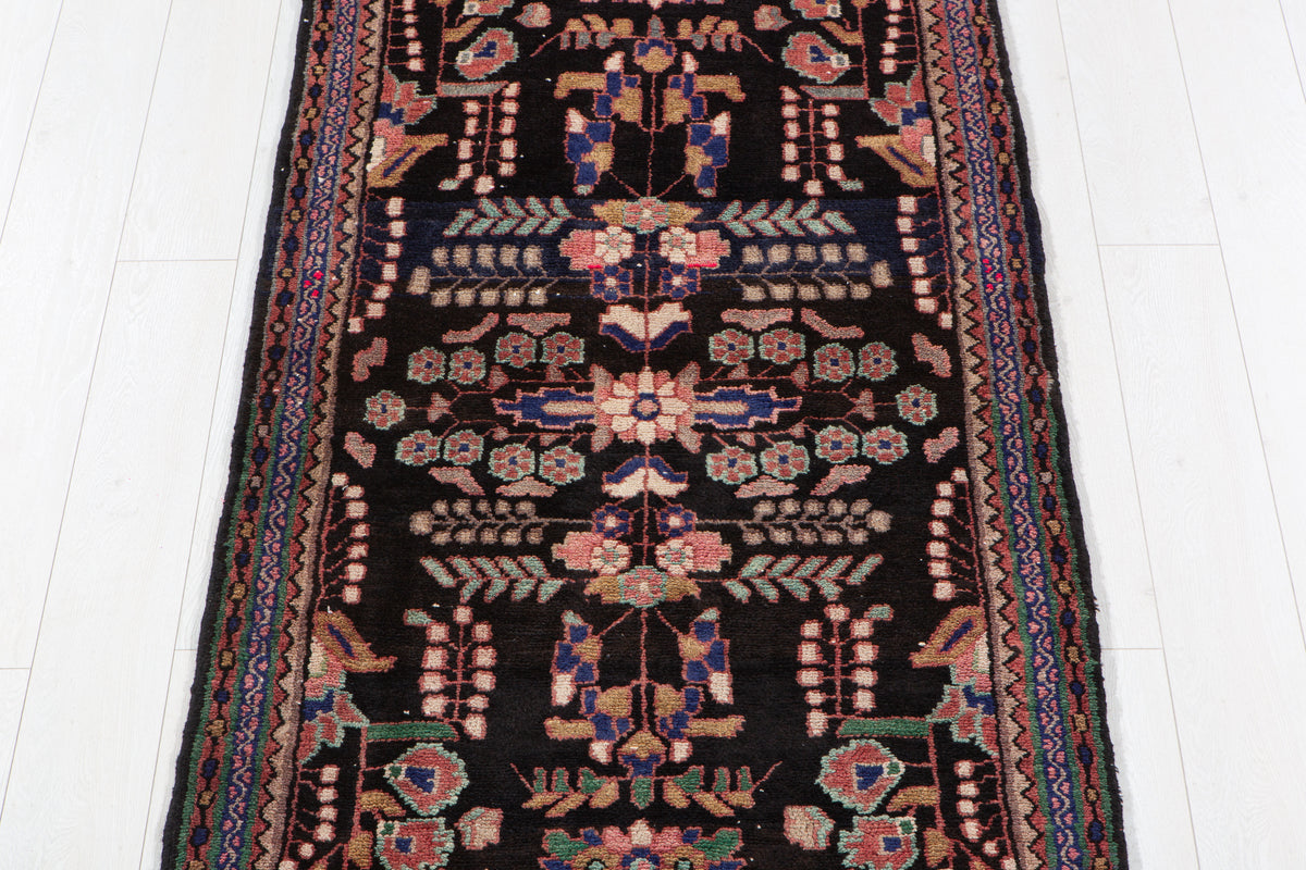 Antique Black & Pink & Blue Geometric Runner Rug – 9' 1" x 3' 0" (278 x 92 cm)