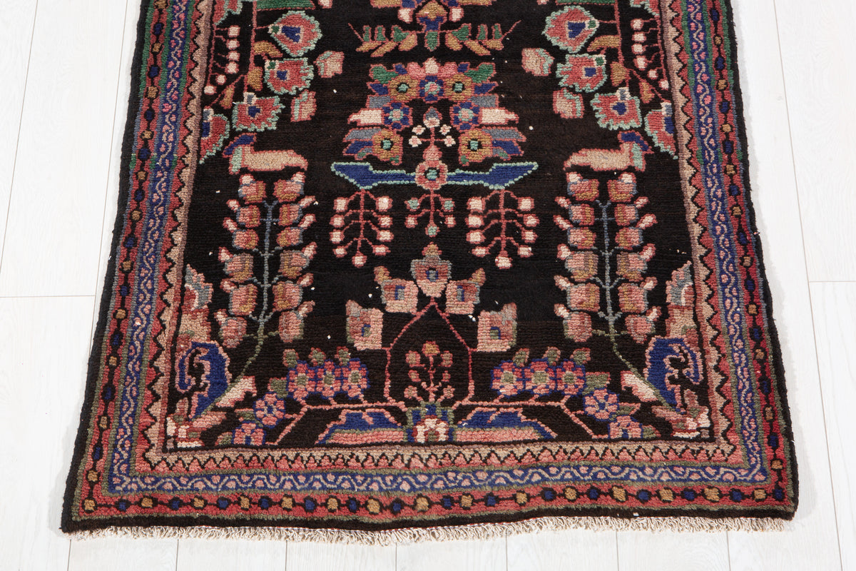 Antique Black & Pink & Blue Geometric Runner Rug – 9' 1" x 3' 0" (278 x 92 cm)