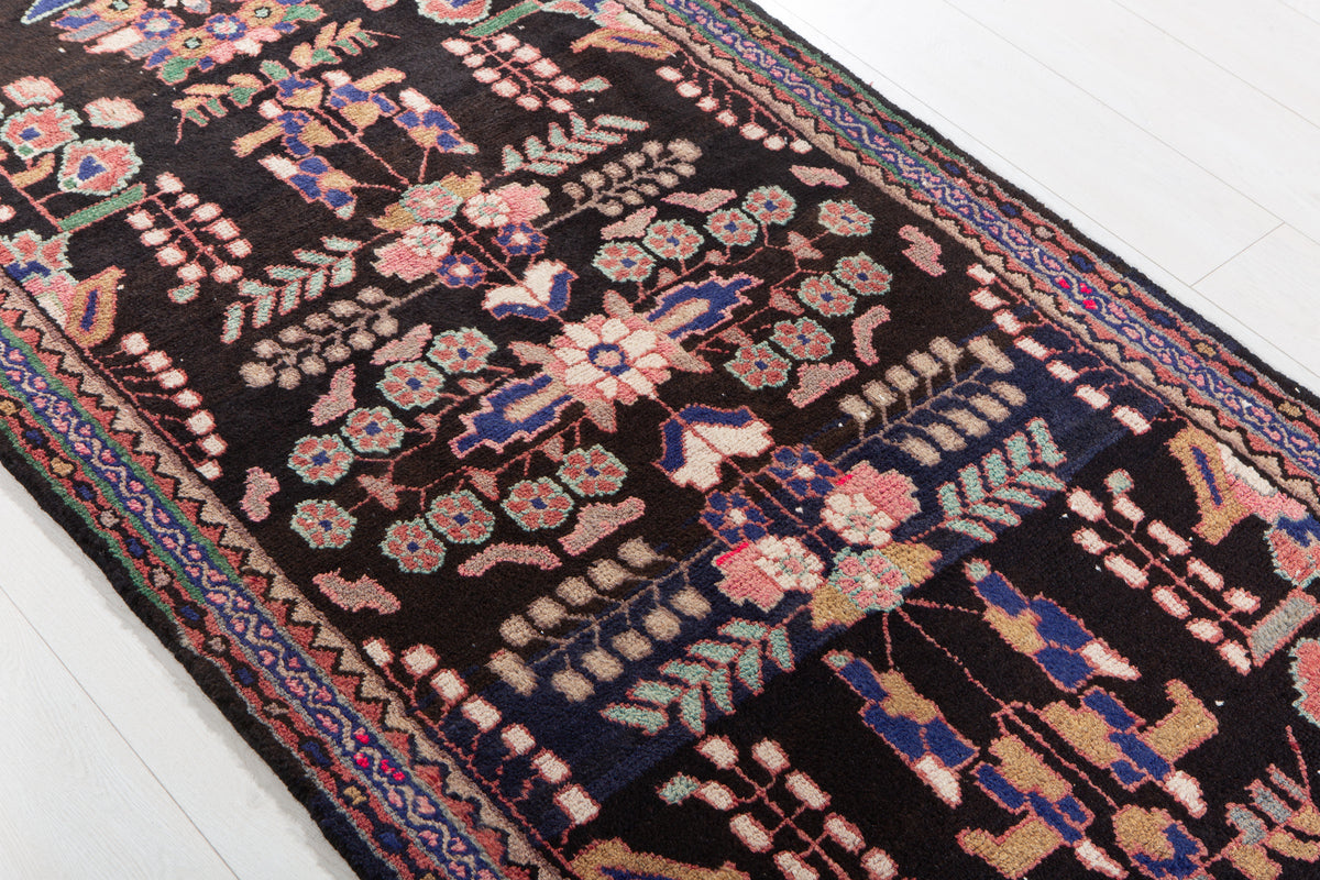 Antique Black & Pink & Blue Geometric Runner Rug – 9' 1" x 3' 0" (278 x 92 cm)