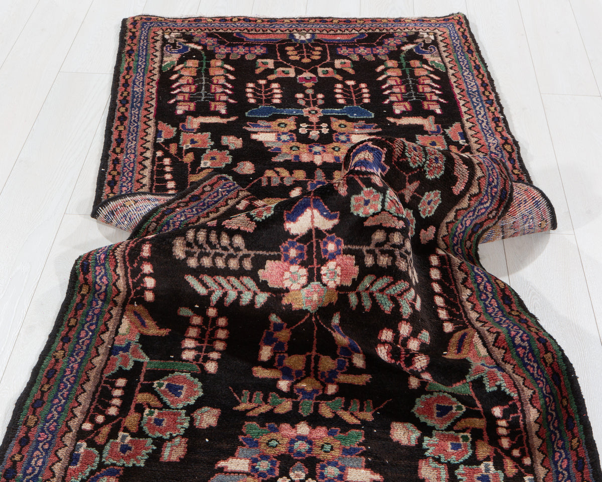 Antique Black & Pink & Blue Geometric Runner Rug – 9' 1" x 3' 0" (278 x 92 cm)