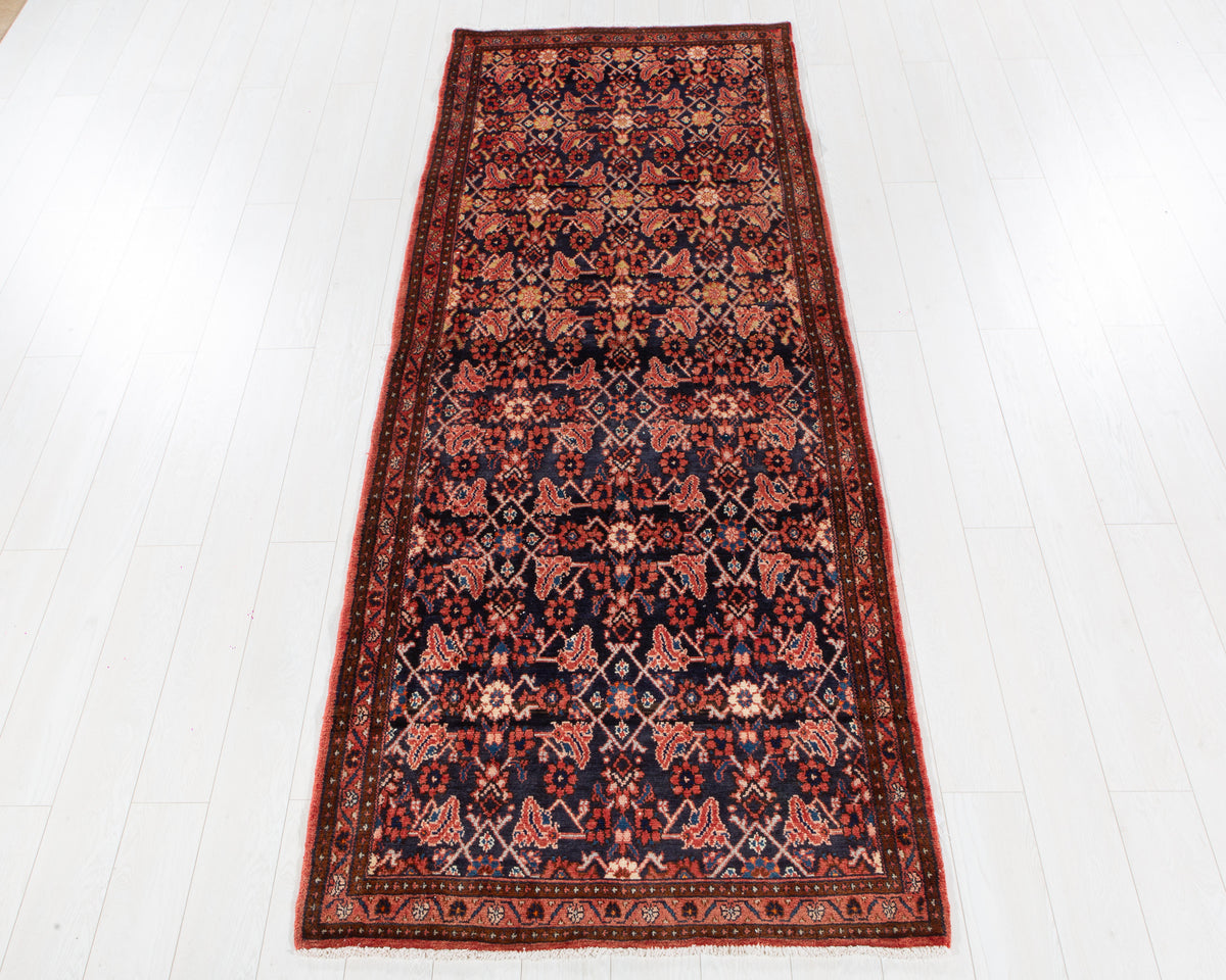 Antique Deep Navy Blue & Red Geometric Runner Rug – 9' 9" x 3' 7" (297 x 110 cm)
