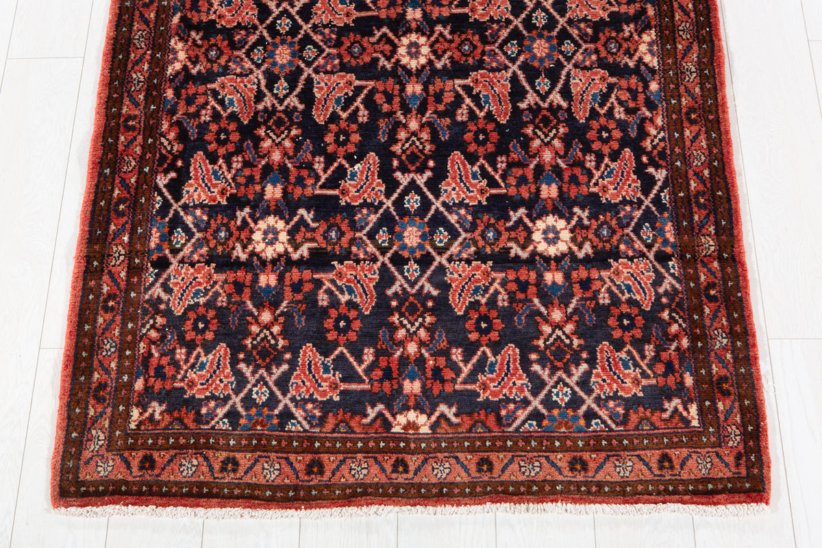Antique Deep Navy Blue & Red Geometric Runner Rug – 9' 9" x 3' 7" (297 x 110 cm)