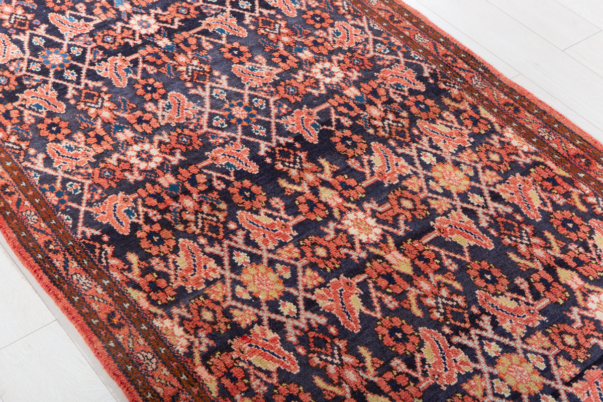 Antique Deep Navy Blue & Red Geometric Runner Rug – 9' 9" x 3' 7" (297 x 110 cm)