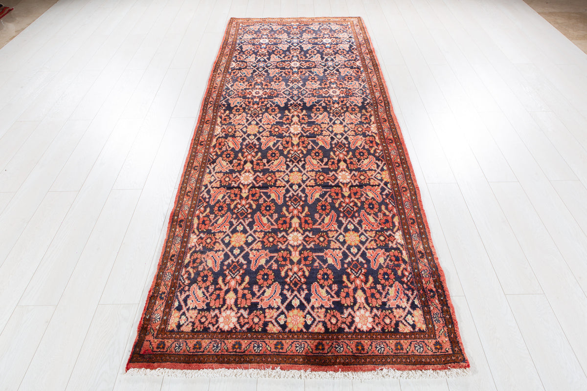 Antique Deep Navy Blue & Red Geometric Runner Rug – 9' 9" x 3' 7" (297 x 110 cm)