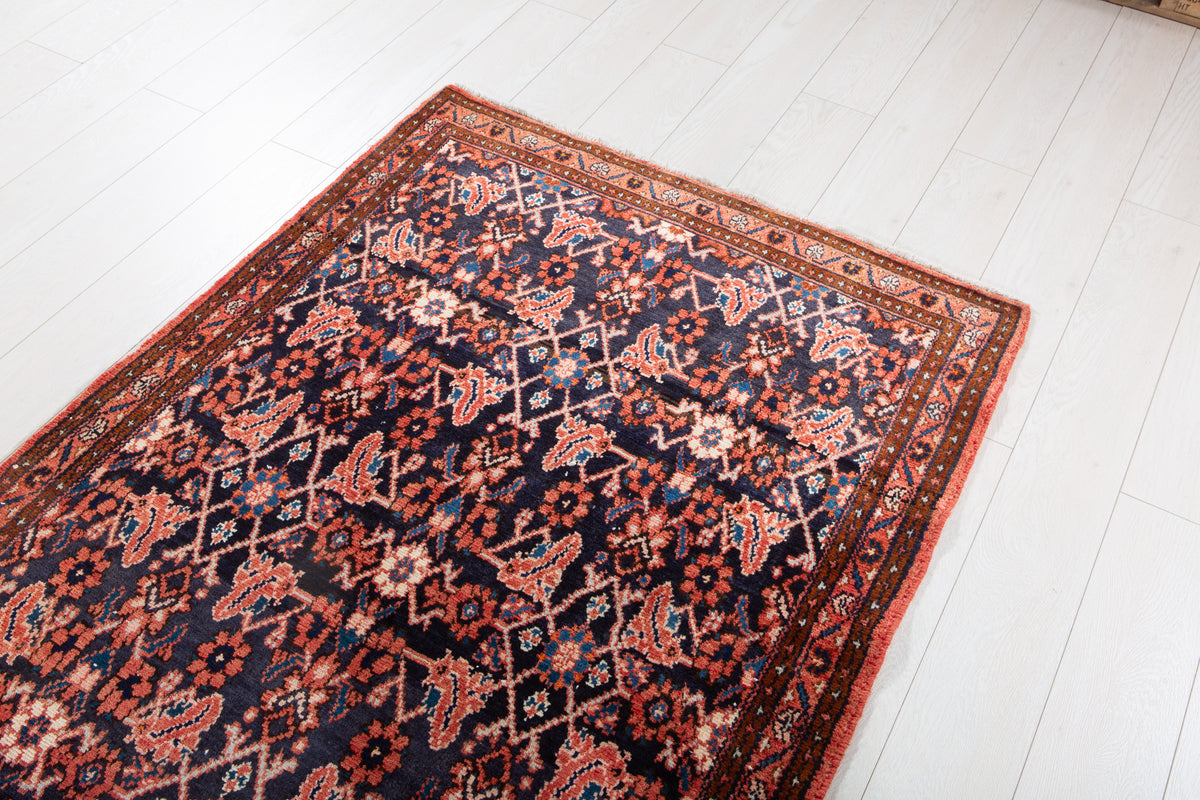 Antique Deep Navy Blue & Red Geometric Runner Rug – 9' 9" x 3' 7" (297 x 110 cm)