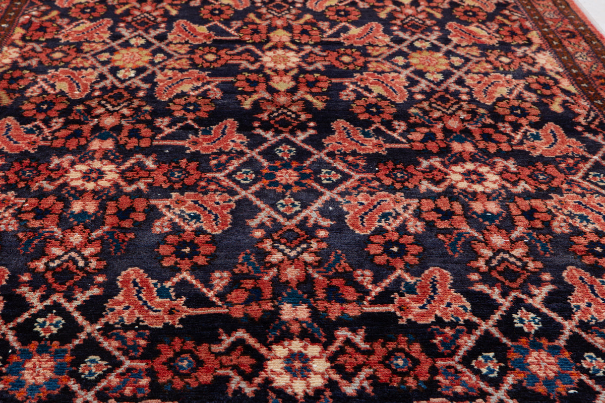 Antique Deep Navy Blue & Red Geometric Runner Rug – 9' 9" x 3' 7" (297 x 110 cm)