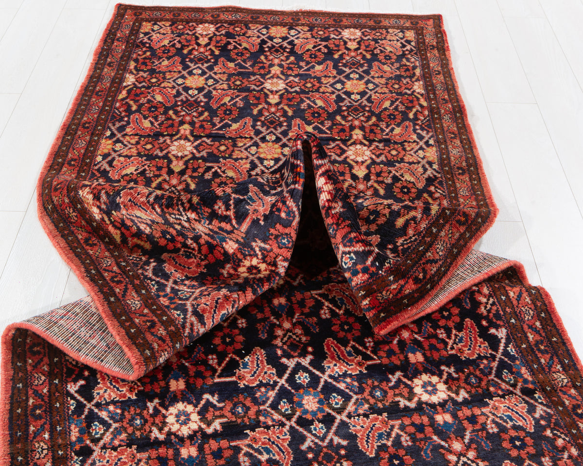 Antique Deep Navy Blue & Red Geometric Runner Rug – 9' 9" x 3' 7" (297 x 110 cm)