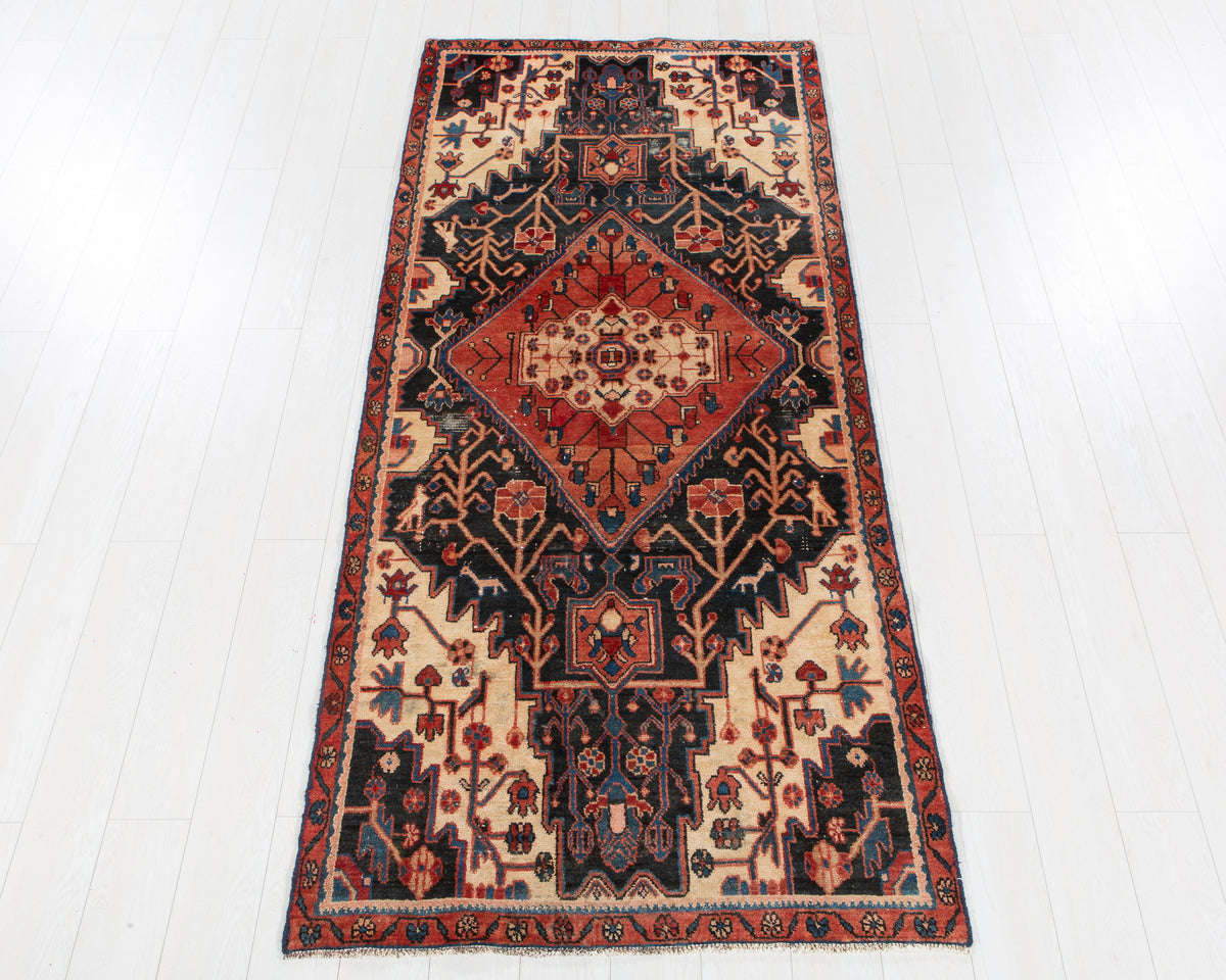 Antique Navy Blue Geometric Runner Rug – 8' 7" x 3' 8" (262 x 111 cm)