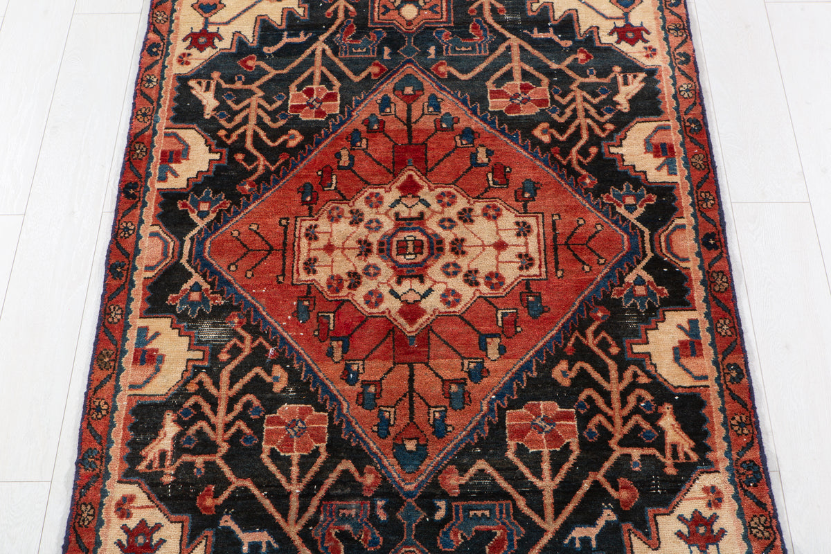 Antique Navy Blue Geometric Runner Rug – 8' 7" x 3' 8" (262 x 111 cm)
