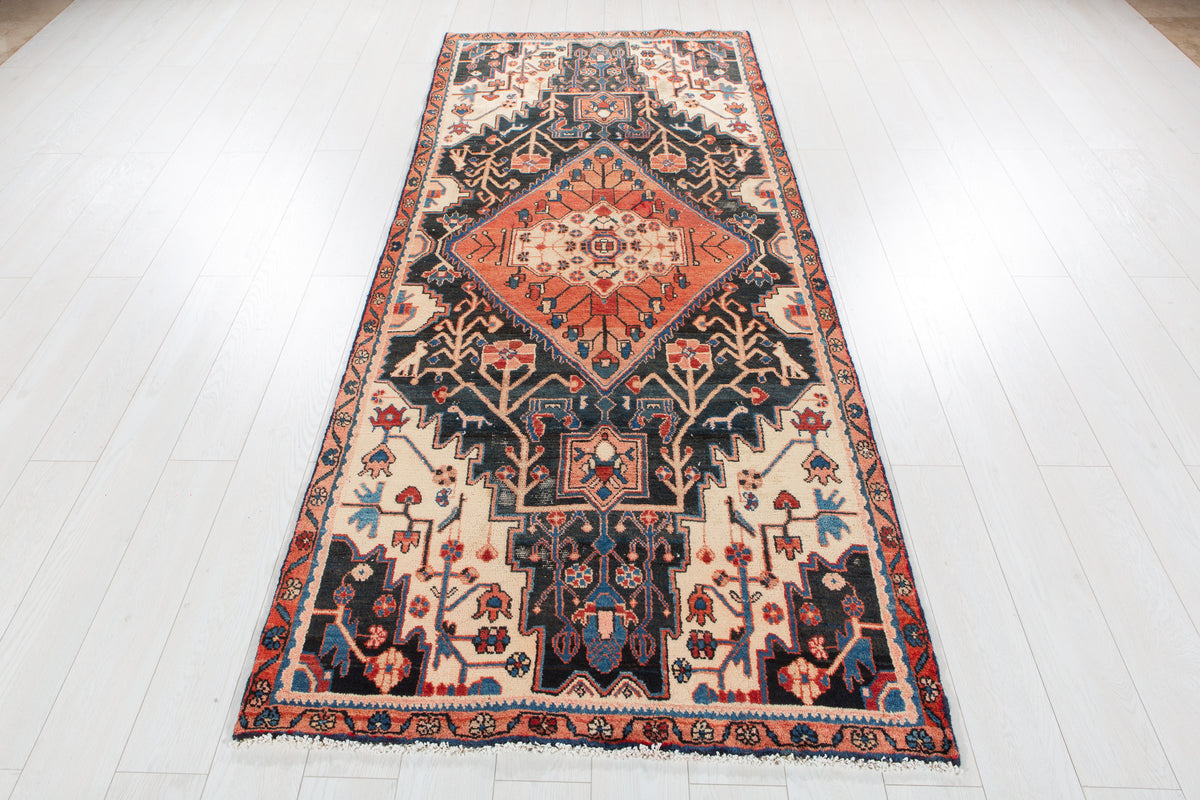 Antique Navy Blue Geometric Runner Rug – 8' 7" x 3' 8" (262 x 111 cm)
