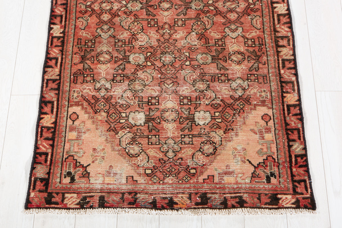 Antique Faded Rust Red Geometric Runner Rug – 9' 6" x 3' 3" (289 x 98 cm)