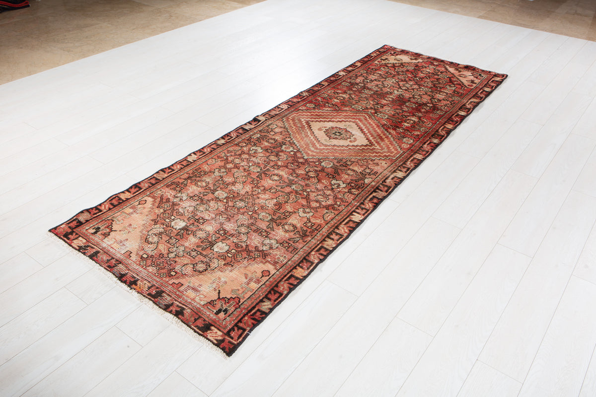 Antique Faded Rust Red Geometric Runner Rug – 9' 6" x 3' 3" (289 x 98 cm)