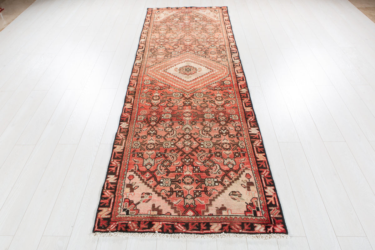 Antique Faded Rust Red Geometric Runner Rug – 9' 6" x 3' 3" (289 x 98 cm)