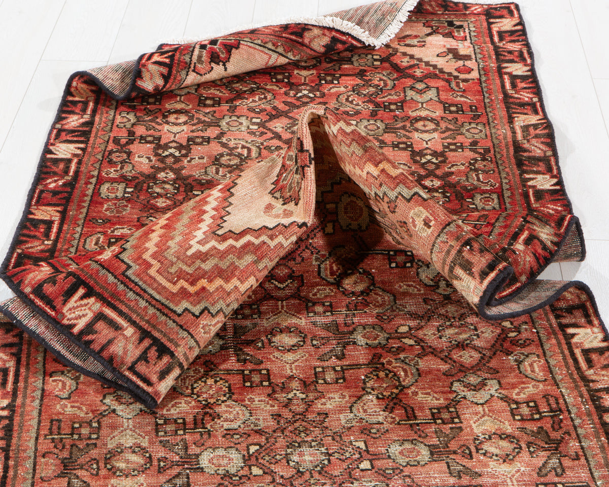 Antique Faded Rust Red Geometric Runner Rug – 9' 6" x 3' 3" (289 x 98 cm)