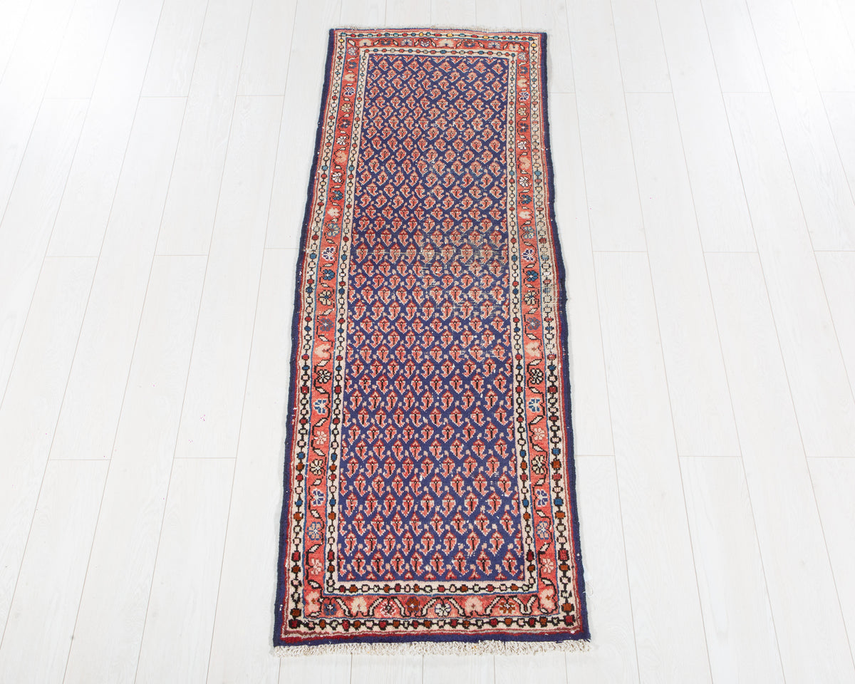 Antique Navy Blue Geometric Runner Rug – 6' 4" x 2' 4" (193 x 70 cm)